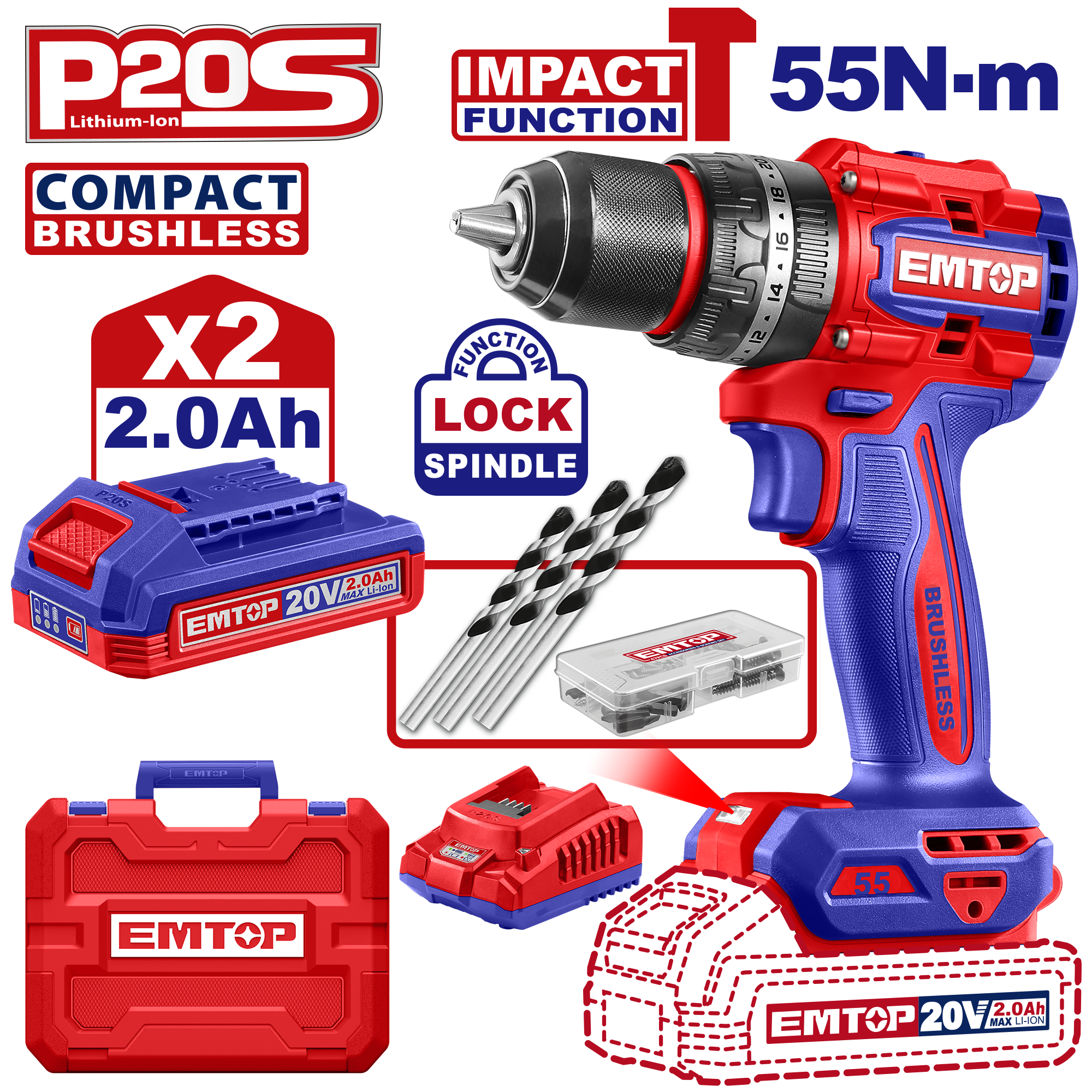 Kit de Taladro atornillador de impacto inalámbrico EMTOP ULCIDL20558 de 55Nm motor sin escobillas