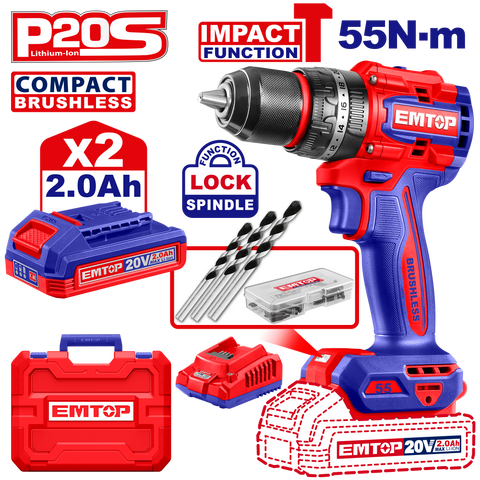 Kit de Taladro atornillador de impacto inalámbrico EMTOP ULCIDL20558 de 55Nm motor sin escobillas