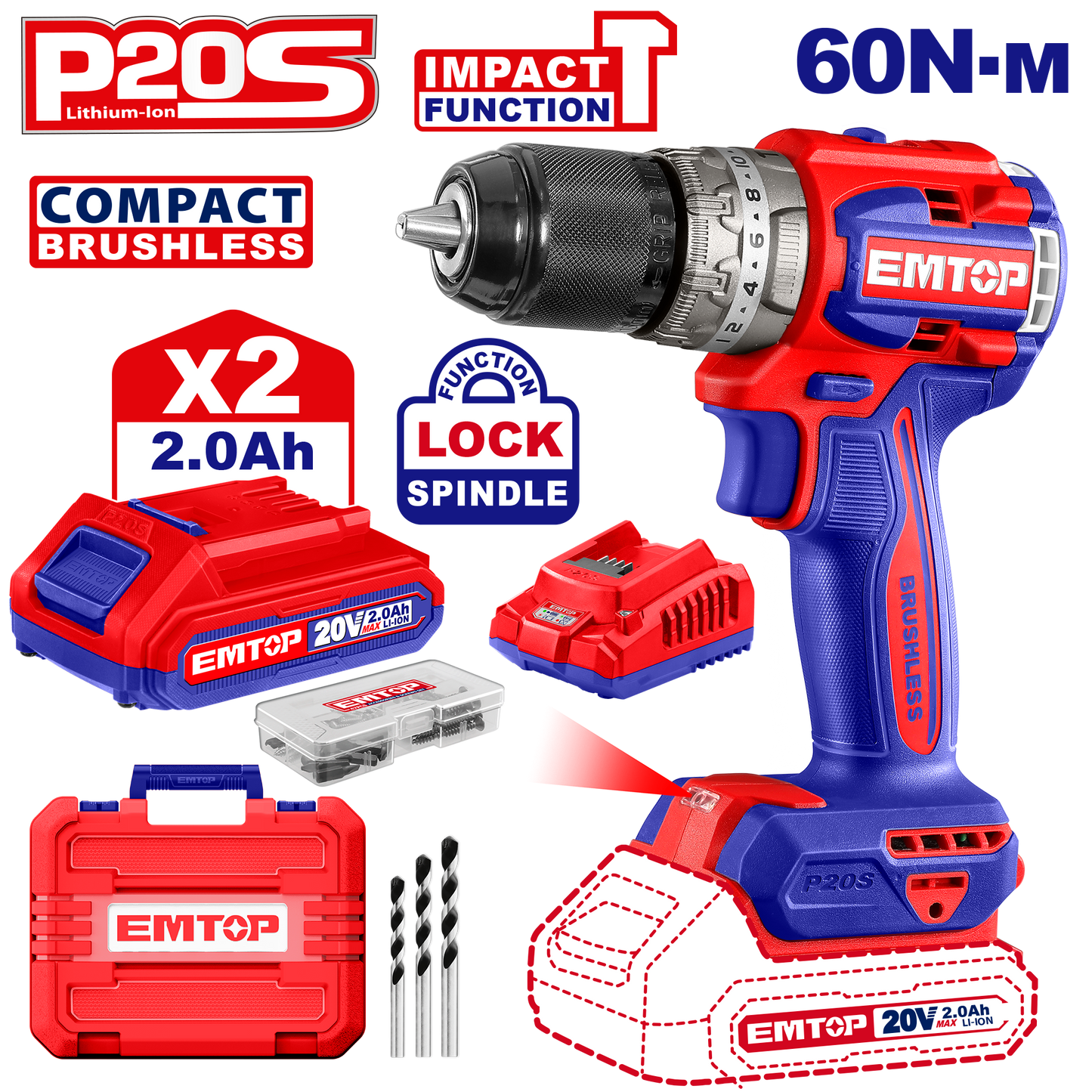 Kit de taladro percutor inalámbrico 1/2" 60Nm con batería y cargador Emtop ULCIDL20602