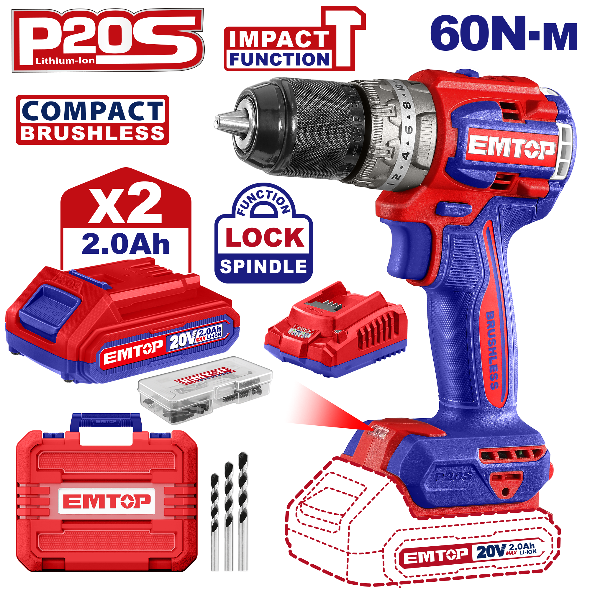 Kit de taladro percutor inalámbrico 1/2" 60Nm con batería y cargador Emtop ULCIDL20602