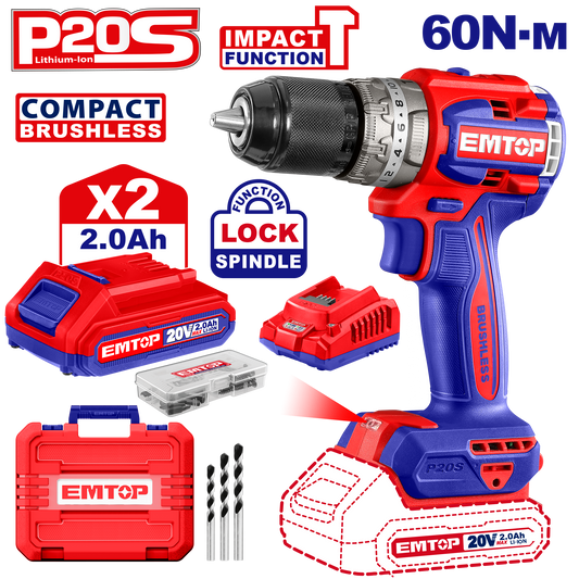 Kit de taladro percutor inalámbrico 1/2" 60Nm con batería y cargador Emtop ULCIDL20602