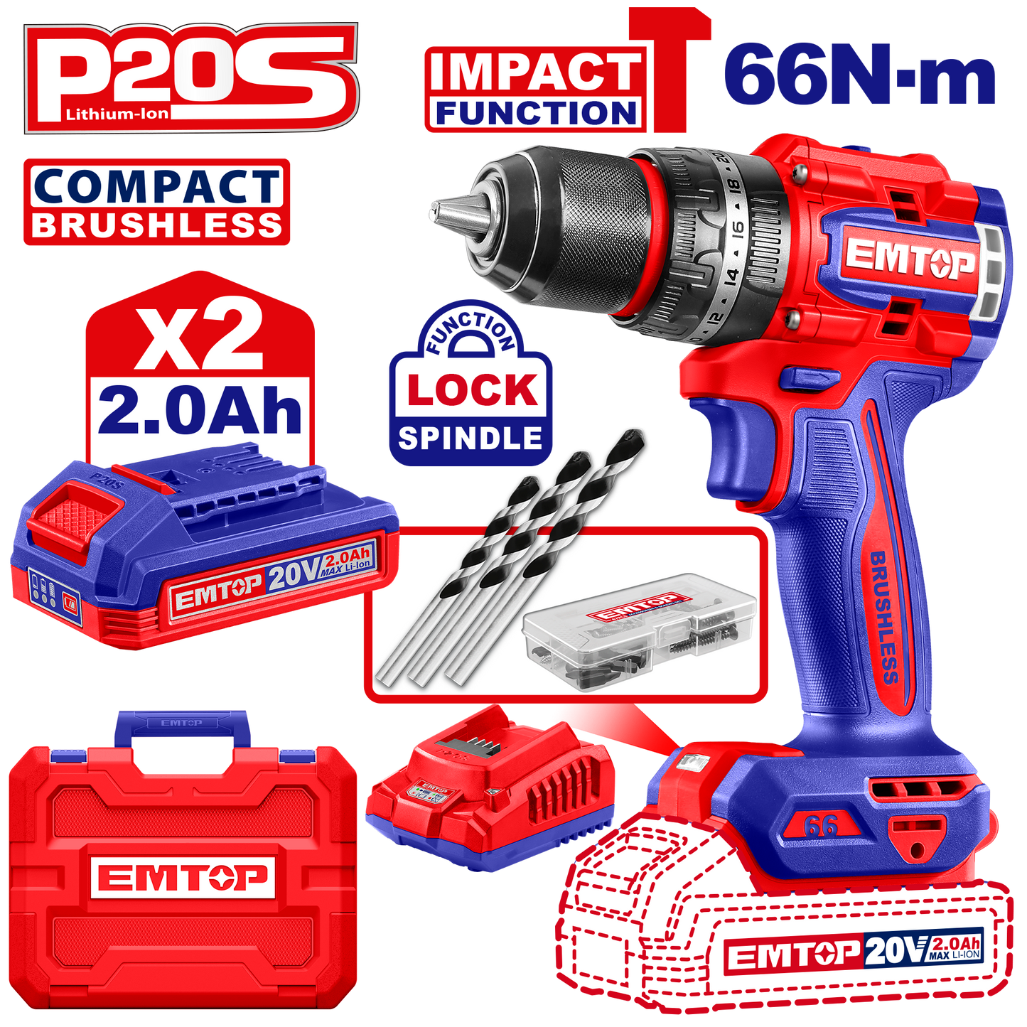 Kit de Taladro atornillador de impacto inalámbrico EMTOP ULCIDL20668 de 66Nm motor sin escobillas