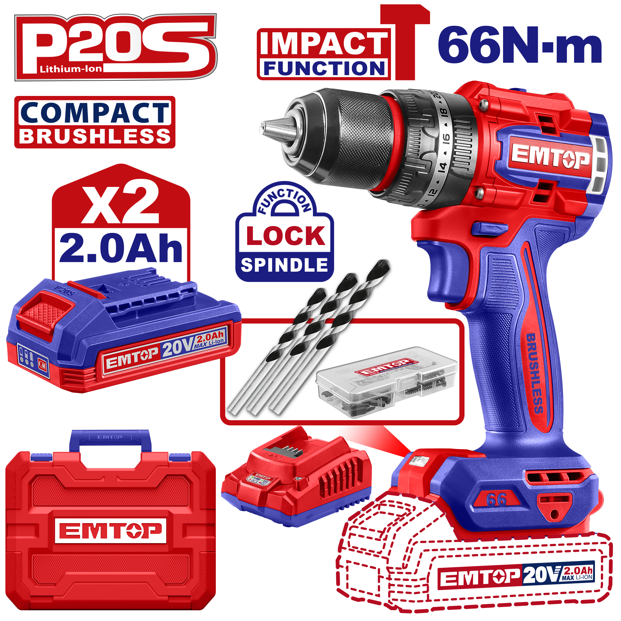 Kit de Taladro atornillador de impacto inalámbrico EMTOP ULCIDL20668 de 66Nm motor sin escobillas
