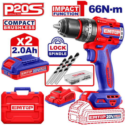 Kit de Taladro atornillador de impacto inalámbrico EMTOP ULCIDL20668 de 66Nm motor sin escobillas