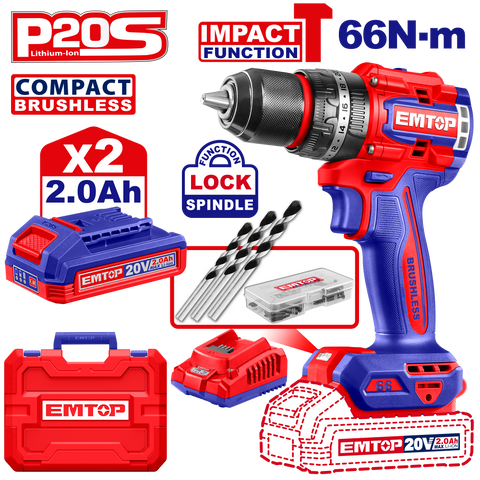 Kit de Taladro atornillador de impacto inalámbrico EMTOP ULCIDL20668 de 66Nm motor sin escobillas