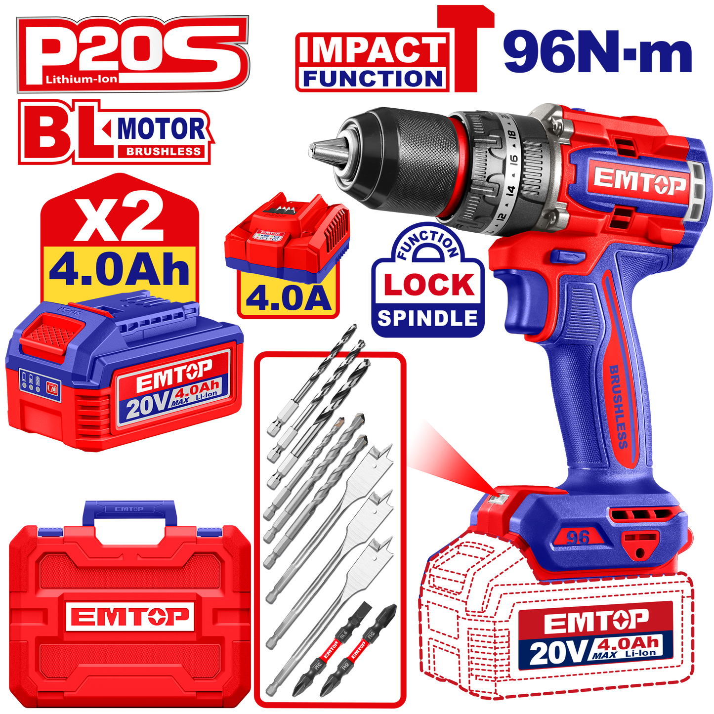 Kit de Taladro atornillador de impacto inalámbrico EMTOP ULCIDL20968 de 96Nm motor sin escobillas