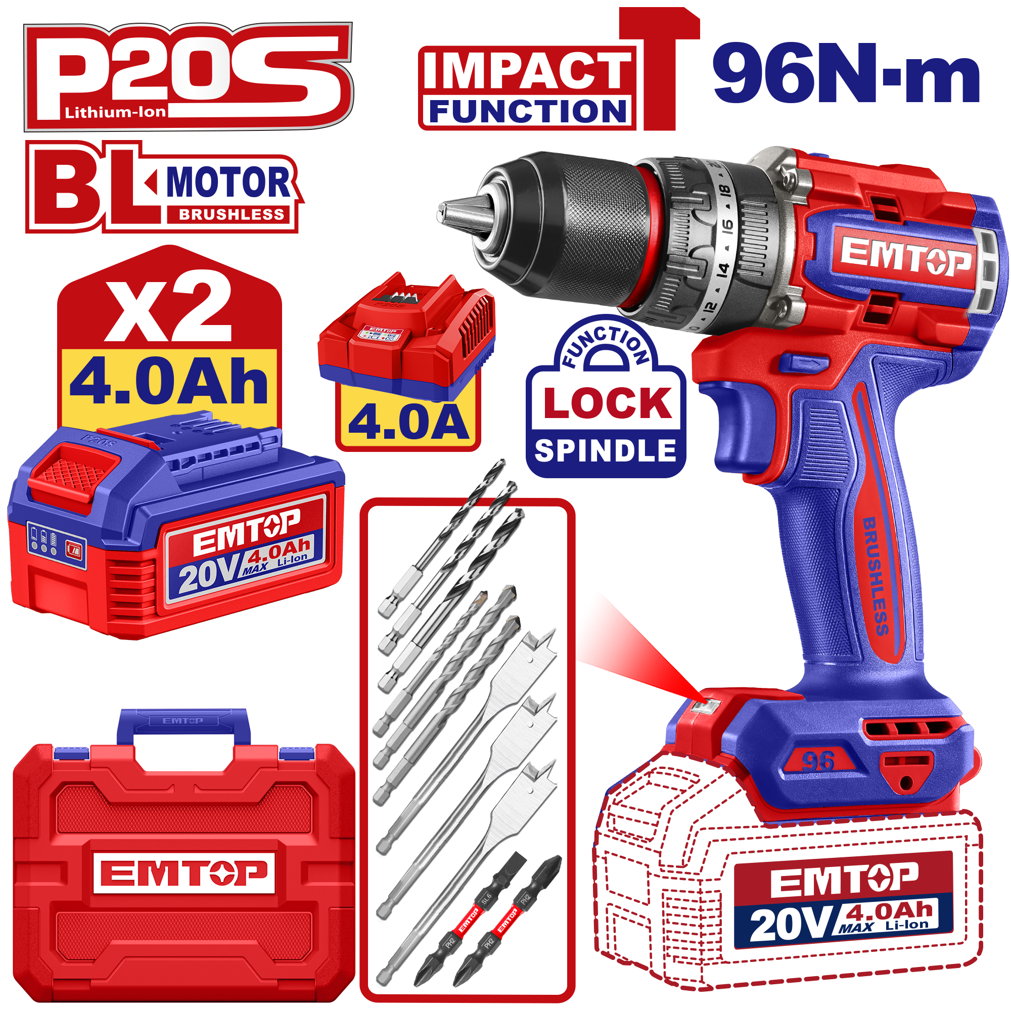 Kit de Taladro atornillador de impacto inalámbrico EMTOP ULCIDL20968 de 96Nm motor sin escobillas