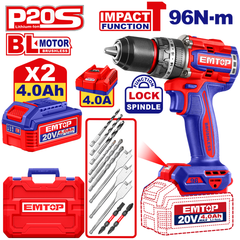 Kit de Taladro atornillador de impacto inalámbrico EMTOP ULCIDL20968 de 96Nm motor sin escobillas