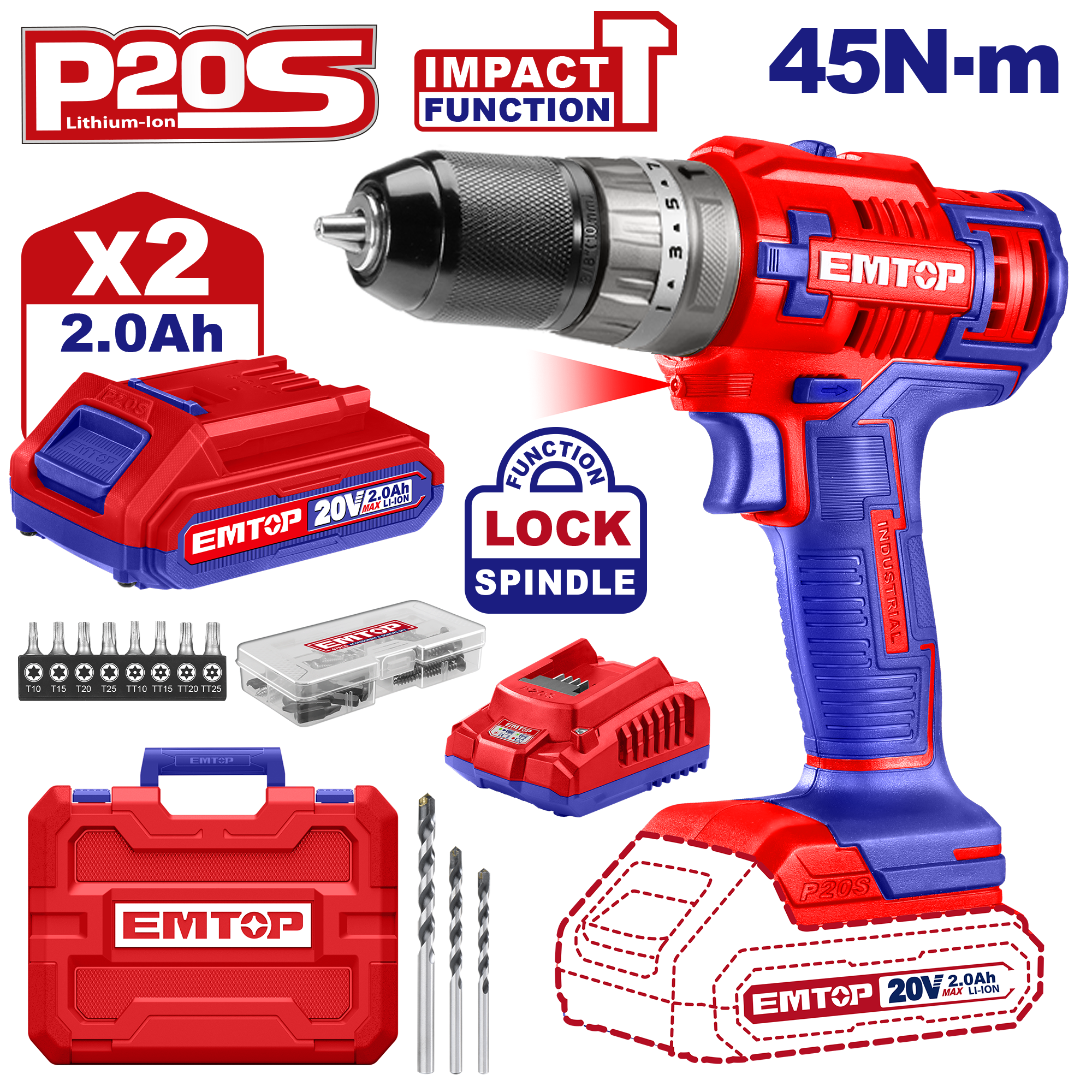 Kit de taladro percutor inalámbrico INDUSTRIAL mandril 1/32”- 3/8" con baterías y cargador Emtop ULCIDL6200128
