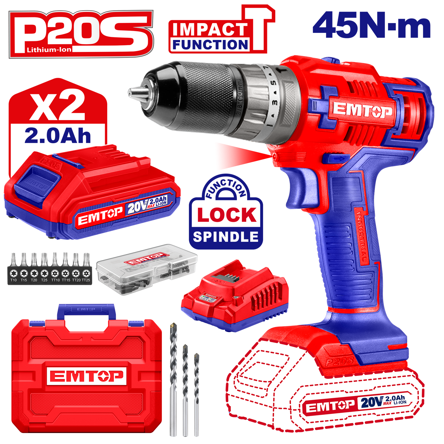 Kit de taladro percutor inalámbrico INDUSTRIAL mandril 1/32”- 3/8" con baterías y cargador Emtop ULCIDL6200128