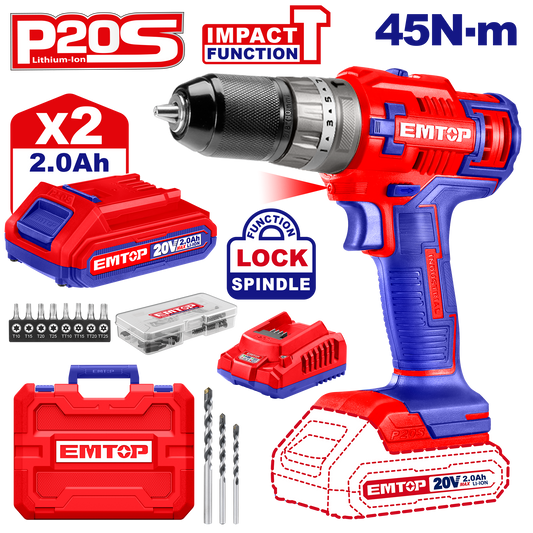 Kit de taladro percutor inalámbrico INDUSTRIAL mandril 1/32”- 3/8" con baterías y cargador Emtop ULCIDL6200128