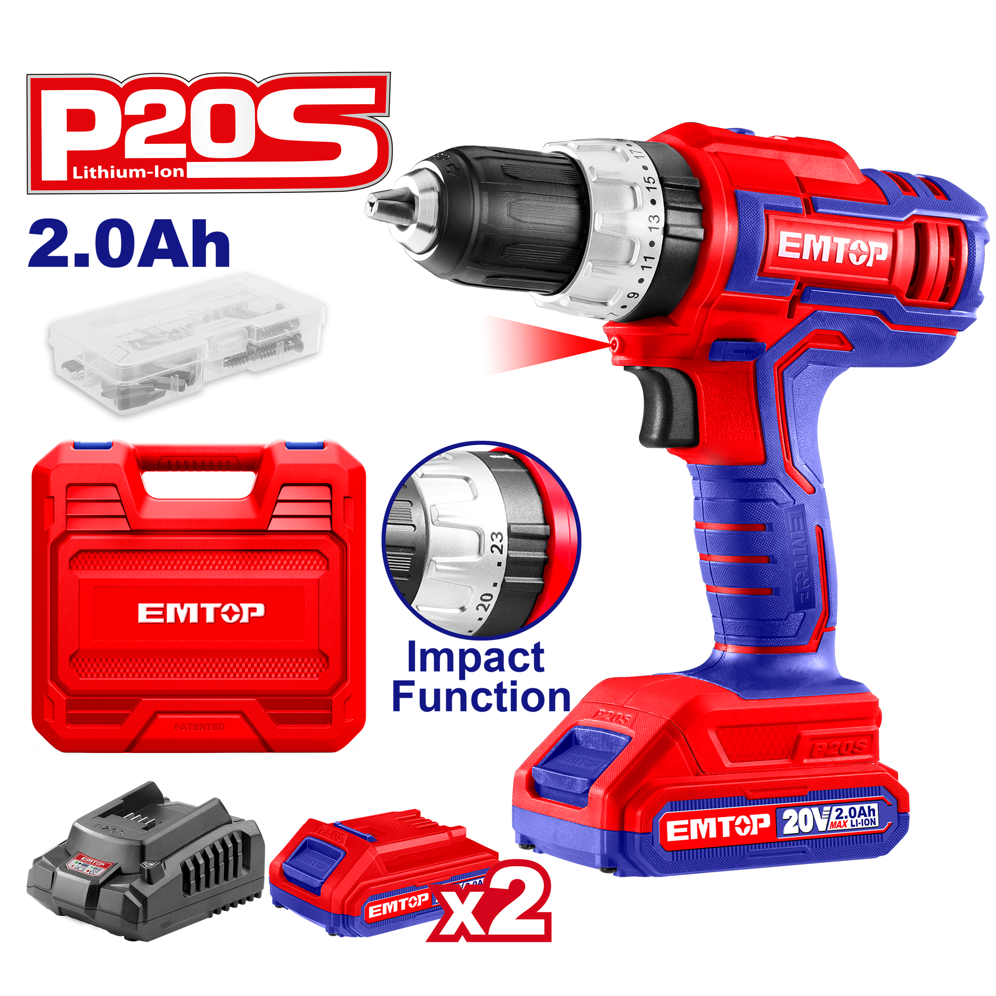 Kit de Taladro percutor 20V con 2 baterías cargador maletín y accesorios