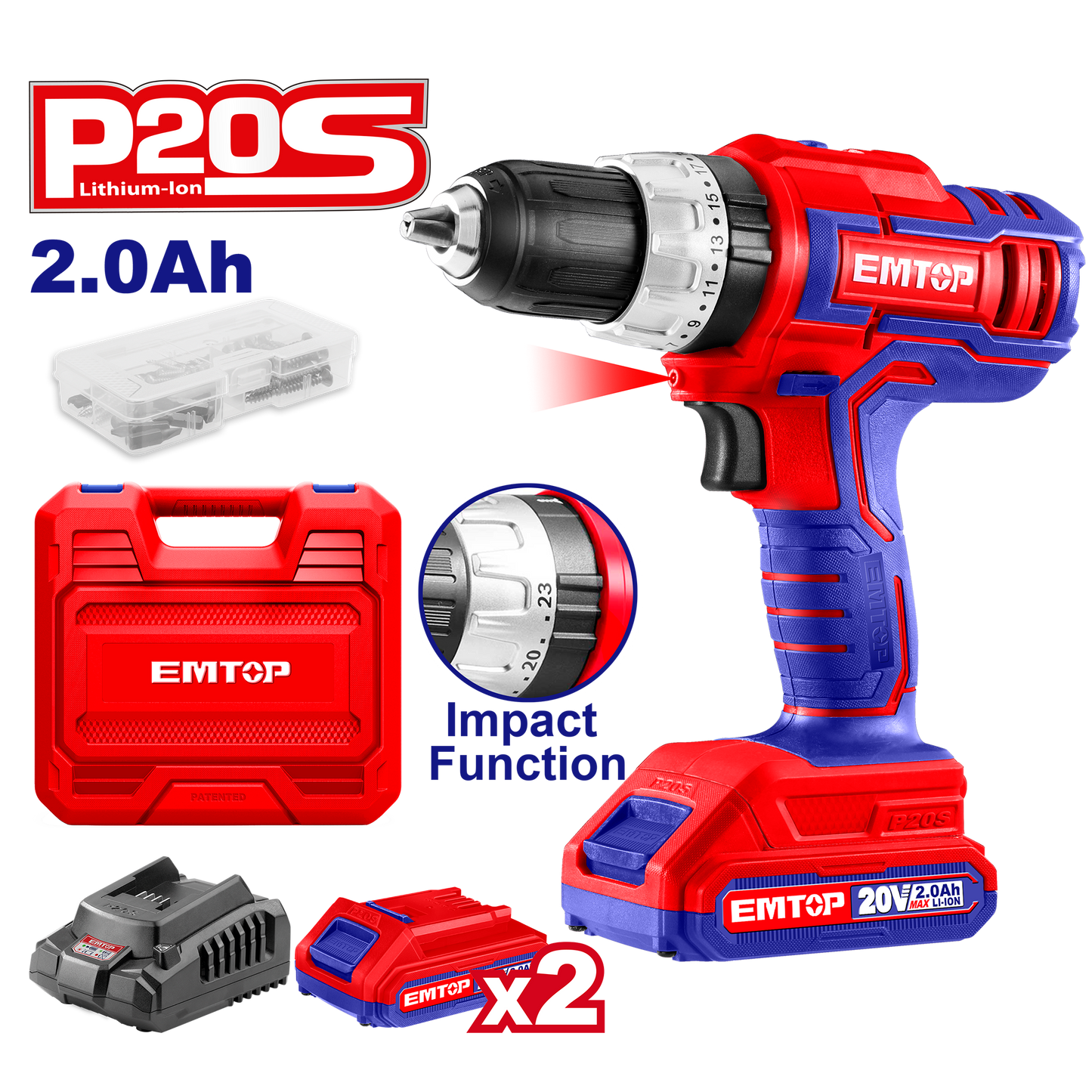 Kit de Taladro percutor 20V con 2 baterías cargador maletín y accesorios