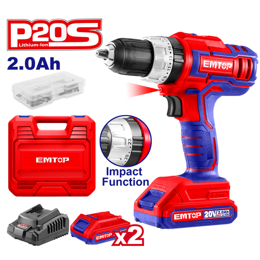 Kit de Taladro percutor 20V con 2 baterías cargador maletín y accesorios