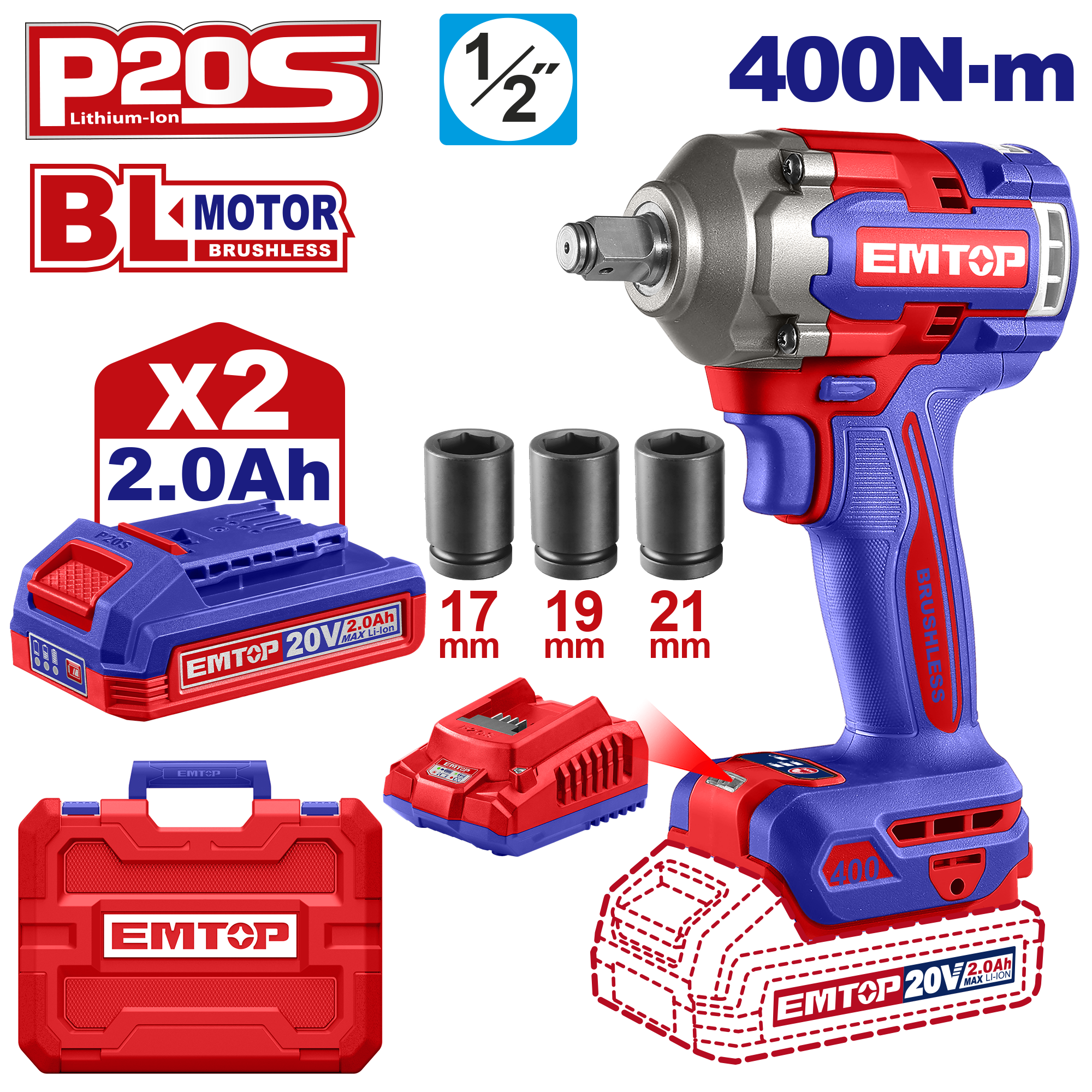 Kit completo de llave de impacto inalámbrica de Emtop ULCIWL2040 de motor sin brochas