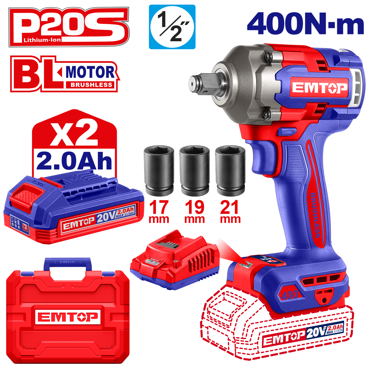 Kit completo de llave de impacto inalámbrica de Emtop ULCIWL2040 de motor sin brochas