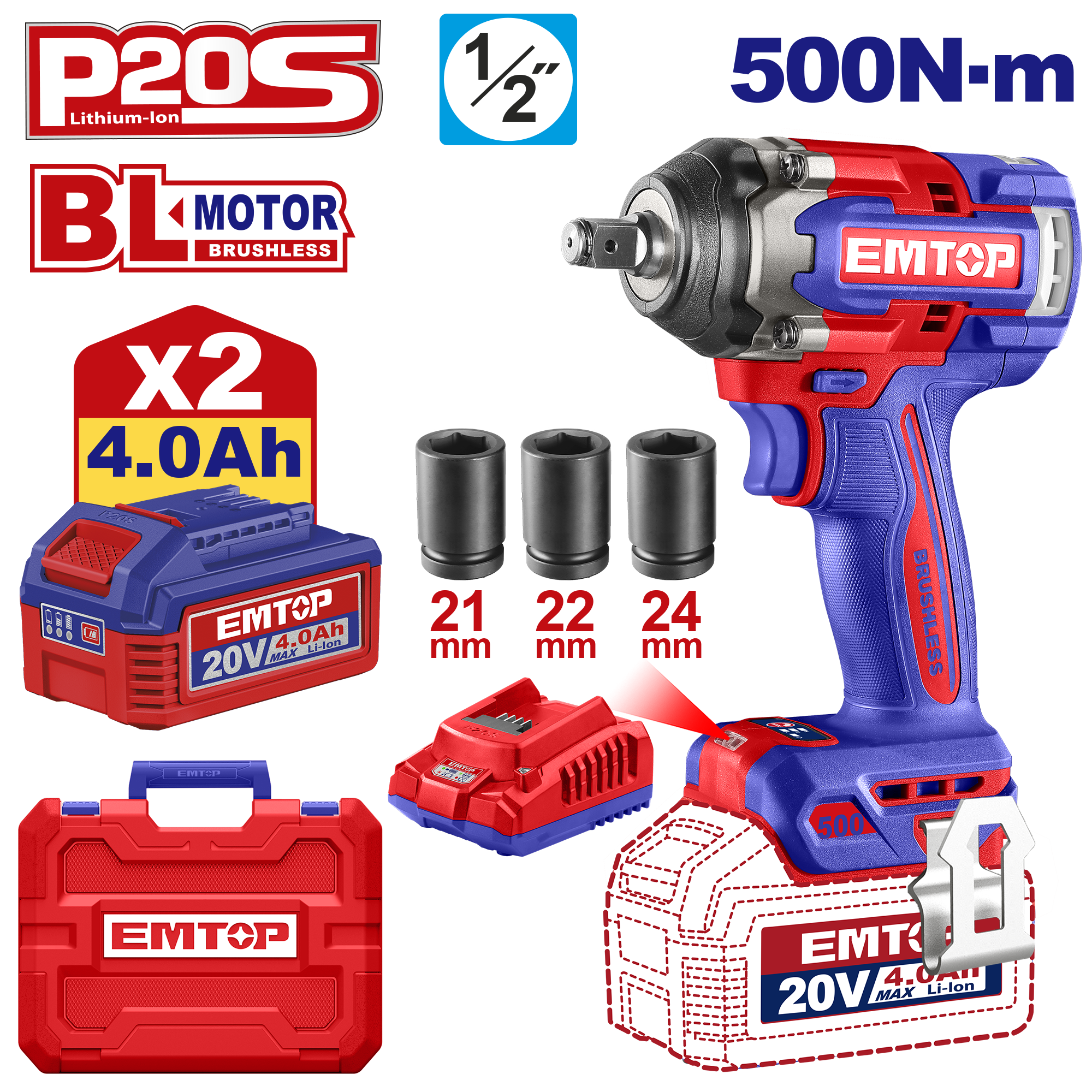 Atornillador de impacto inalámbrico EMTOP 20V sin escobillas ULCIWL2050 de 550Nm