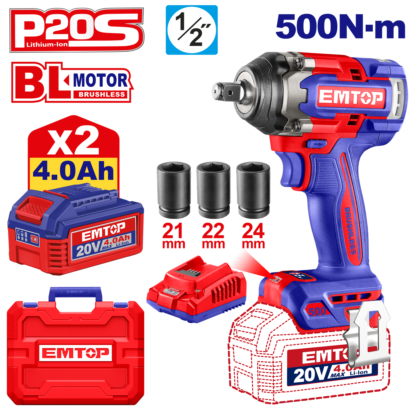 Atornillador de impacto inalámbrico EMTOP 20V sin escobillas ULCIWL2050 de 550Nm