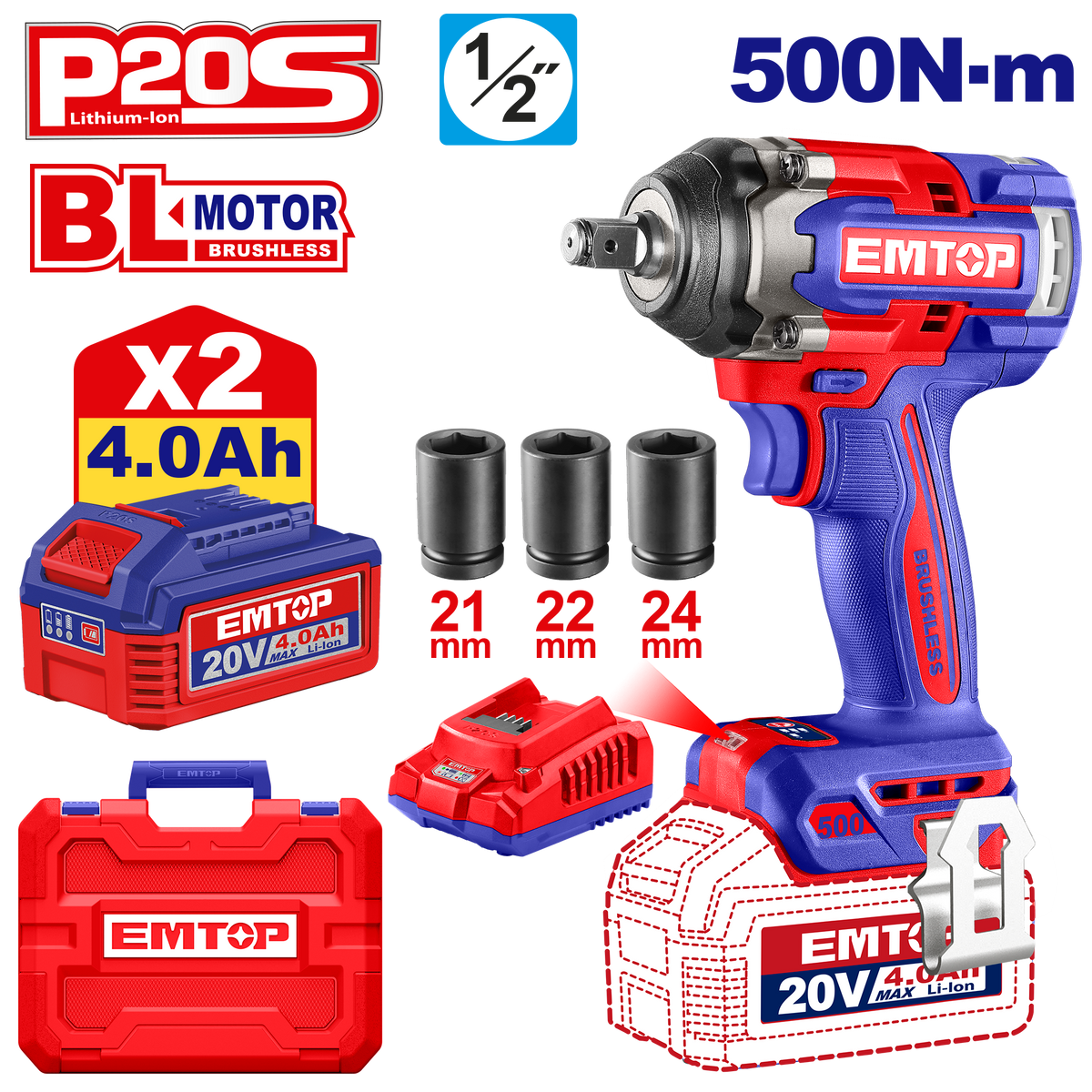Atornillador de impacto inalámbrico EMTOP 20V sin escobillas ULCIWL2050 de 550Nm