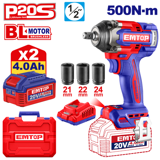 Atornillador de impacto inalámbrico EMTOP 20V sin escobillas ULCIWL2050 de 550Nm