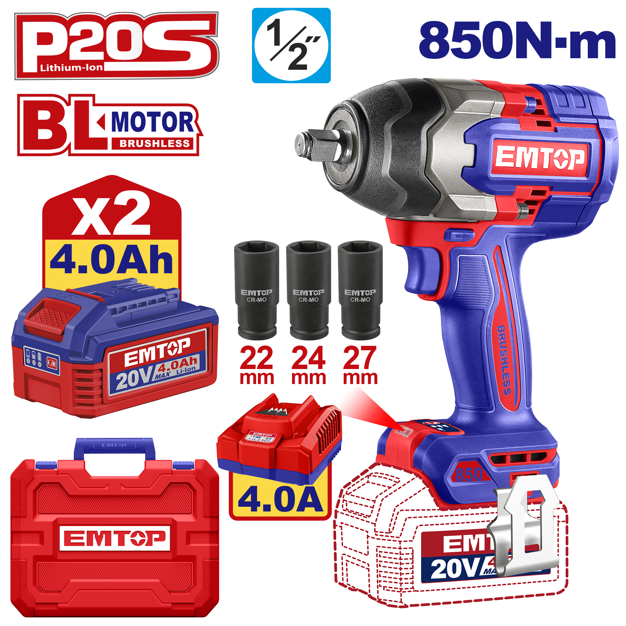 Kit completo de llave de impacto inalámbrica Emtop ULCIWL2085 de 850Nm de motor sin brochas