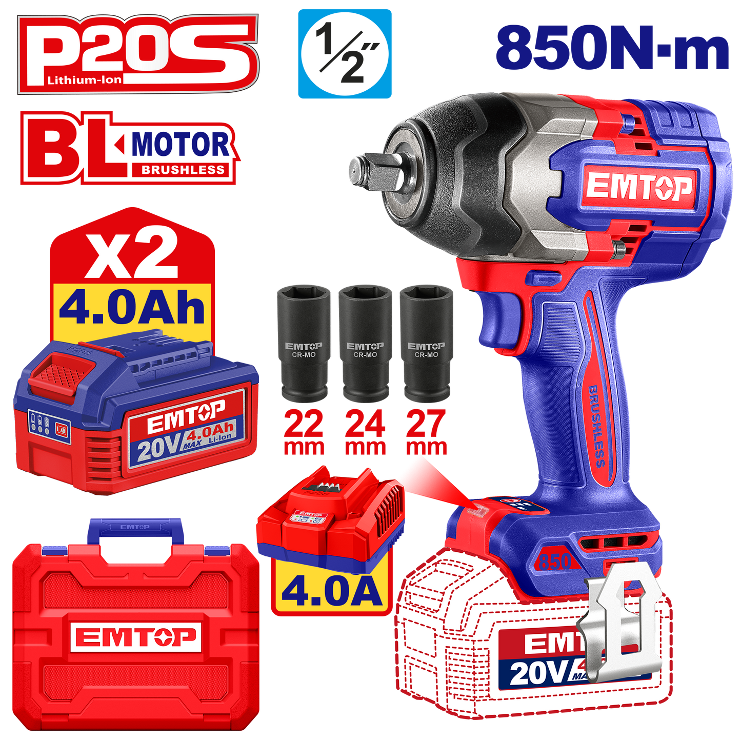 Kit completo de llave de impacto inalámbrica Emtop ULCIWL2085 de 850Nm de motor sin brochas