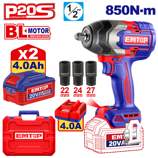 Kit completo de llave de impacto inalámbrica Emtop ULCIWL2085 de 850Nm de motor sin brochas