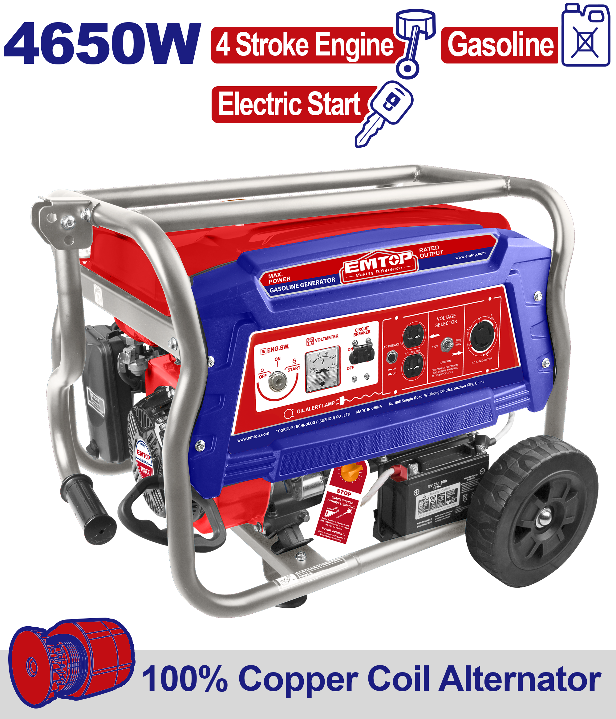 Generador a gasolina de 4650 watts motor 4T EMTOP ULGGRD4511