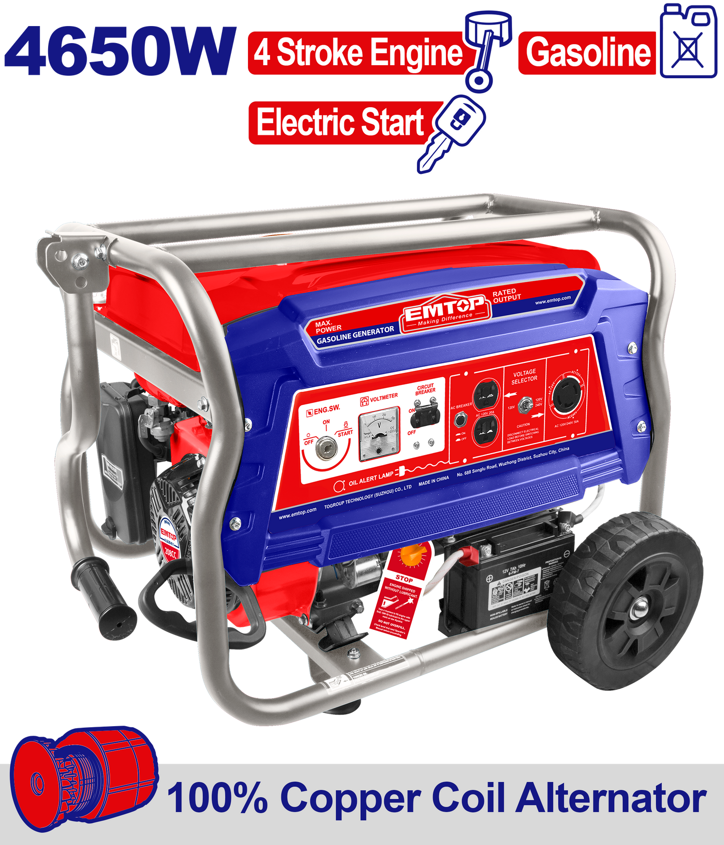 Generador a gasolina de 4650 watts motor 4T EMTOP ULGGRD4511