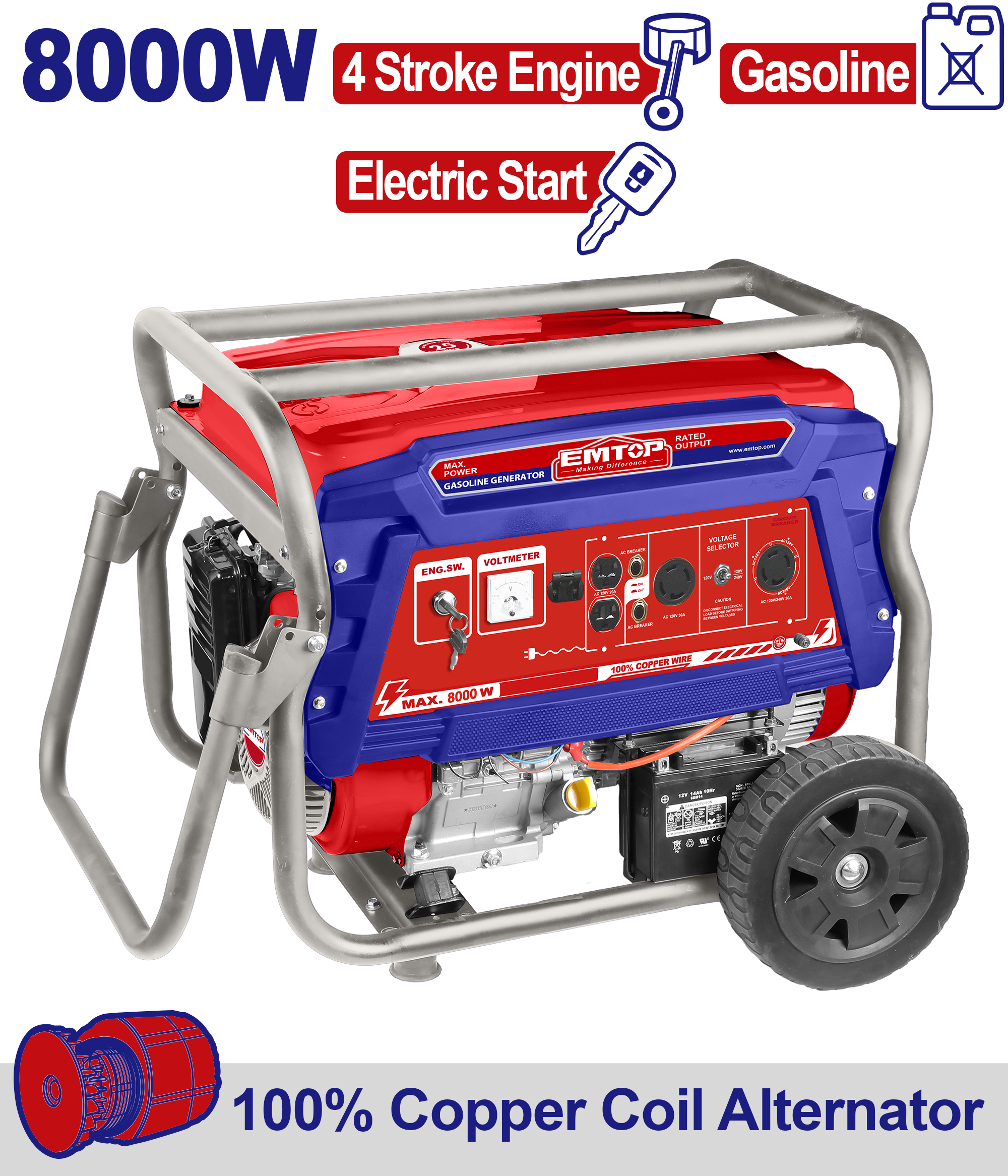 Generador a gasolina de 8000 watts motor 4T EMTOP ULGGRD8011