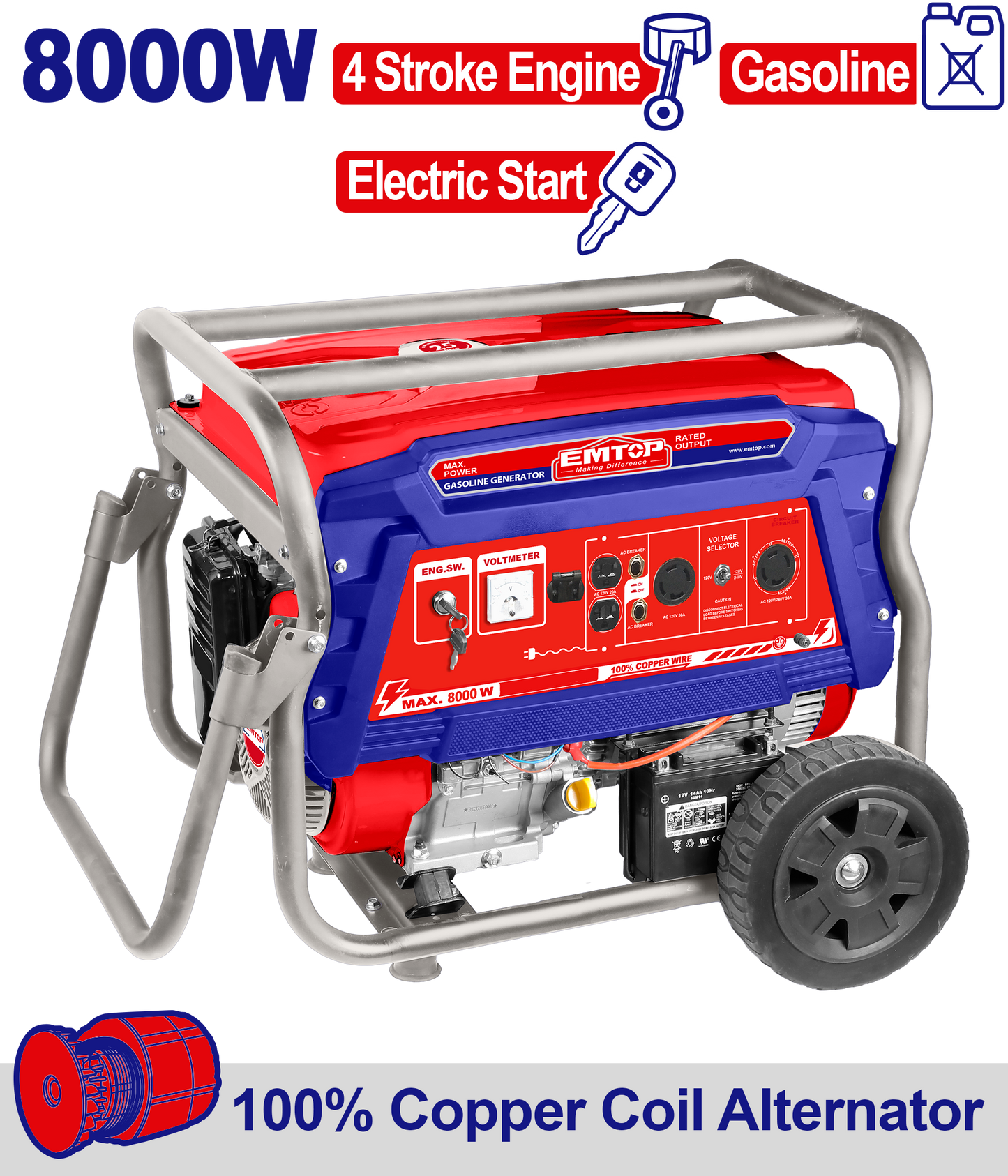 Generador a gasolina de 8000 watts motor 4T EMTOP ULGGRD8011