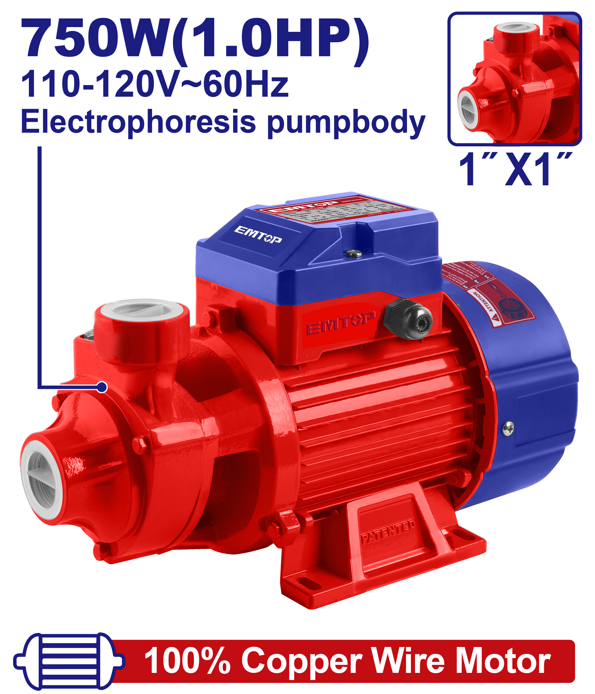 Bomba de agua periférica Emtop ULWPPV07501 de 750W 1.0HP
