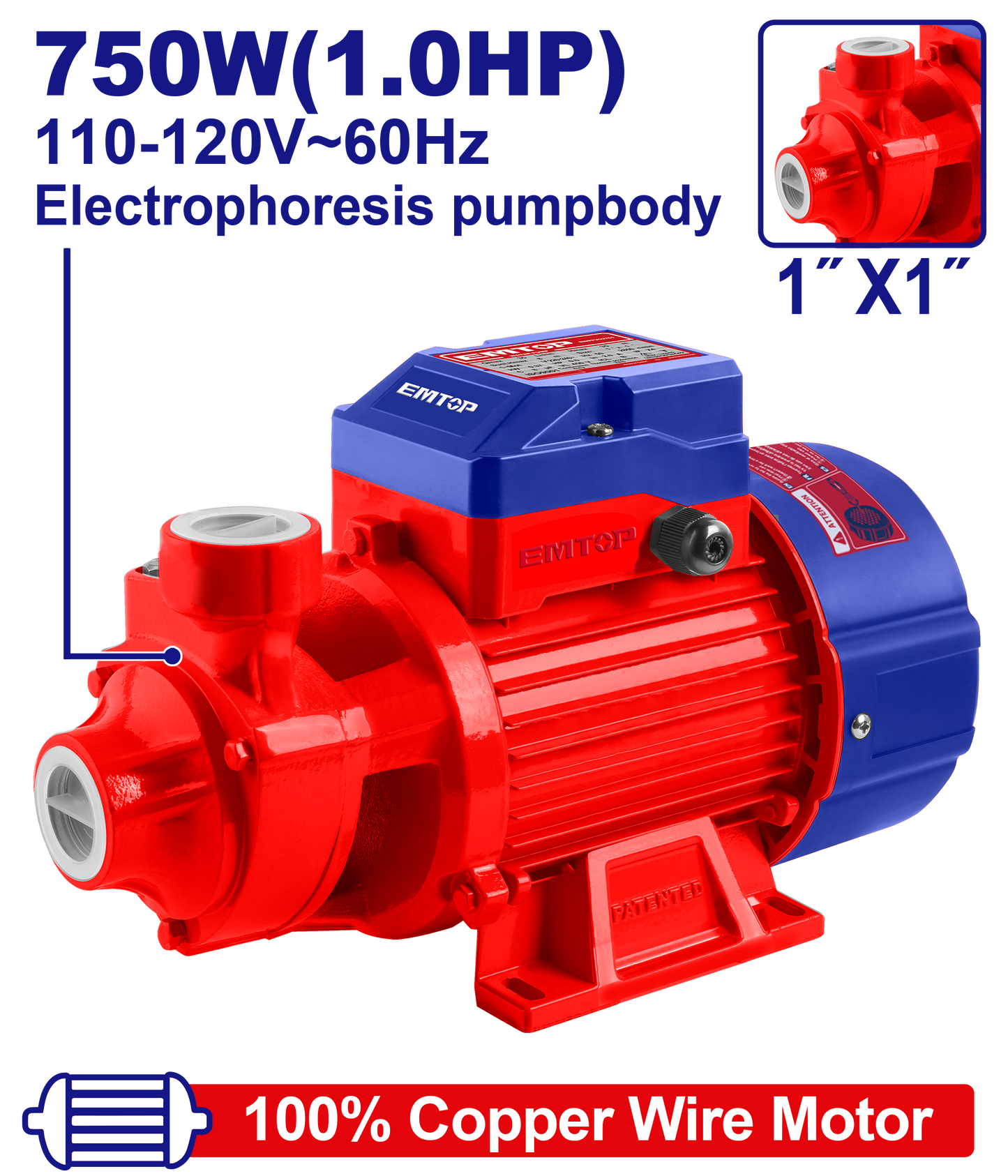 Bomba de agua periférica Emtop ULWPPV07501 de 750W 1.0HP