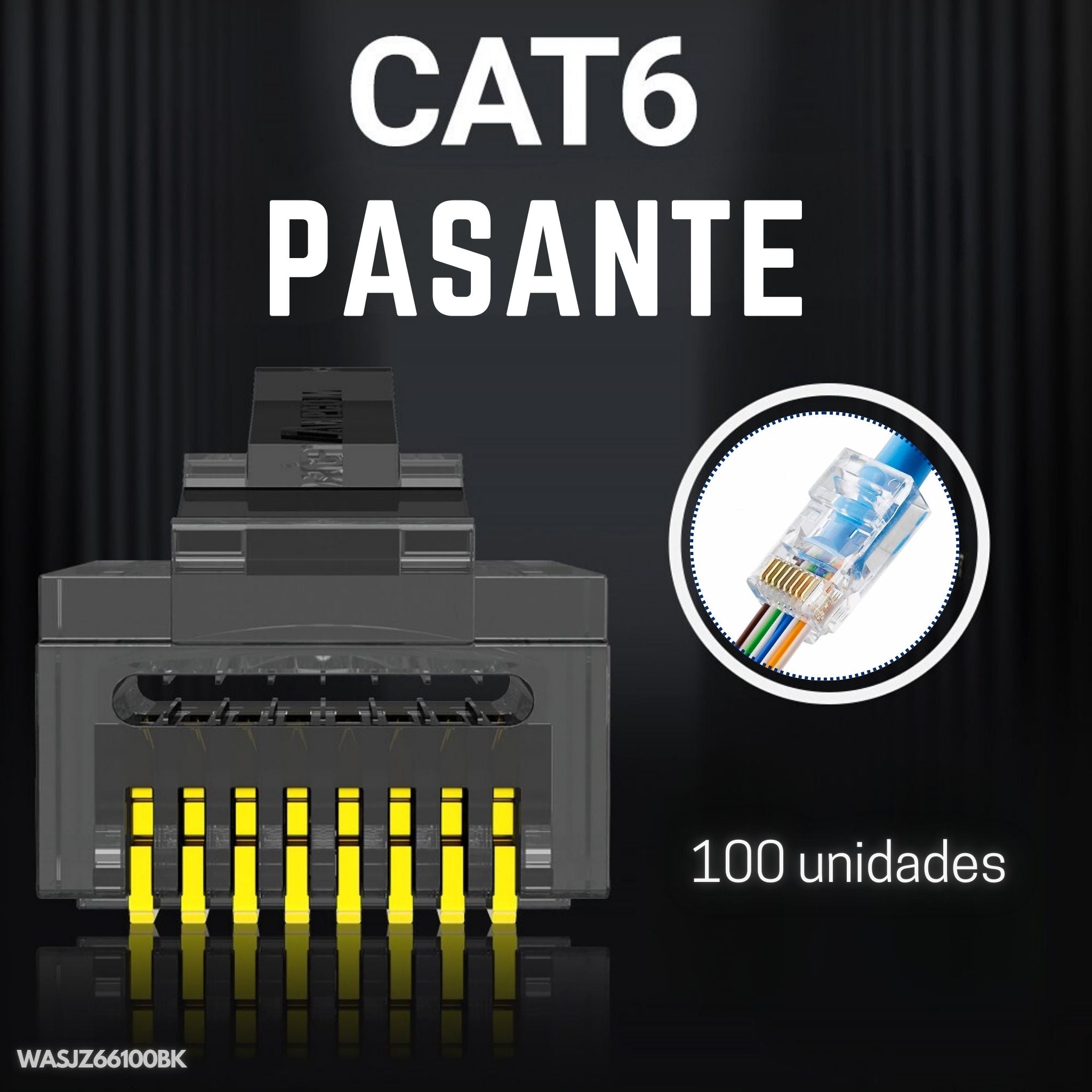 Conectores RJ45 Cat6 pasantes color negro, bolsa de 100 unidades