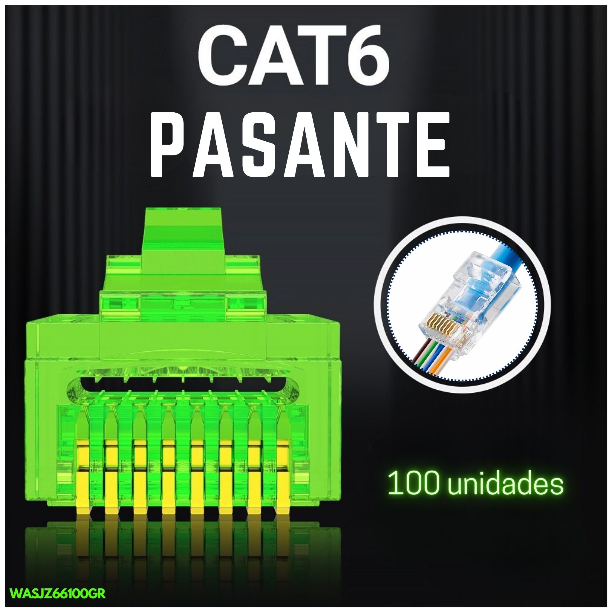 Conectores RJ45 Cat6 pasantes color verde, bolsa de 100 unidades