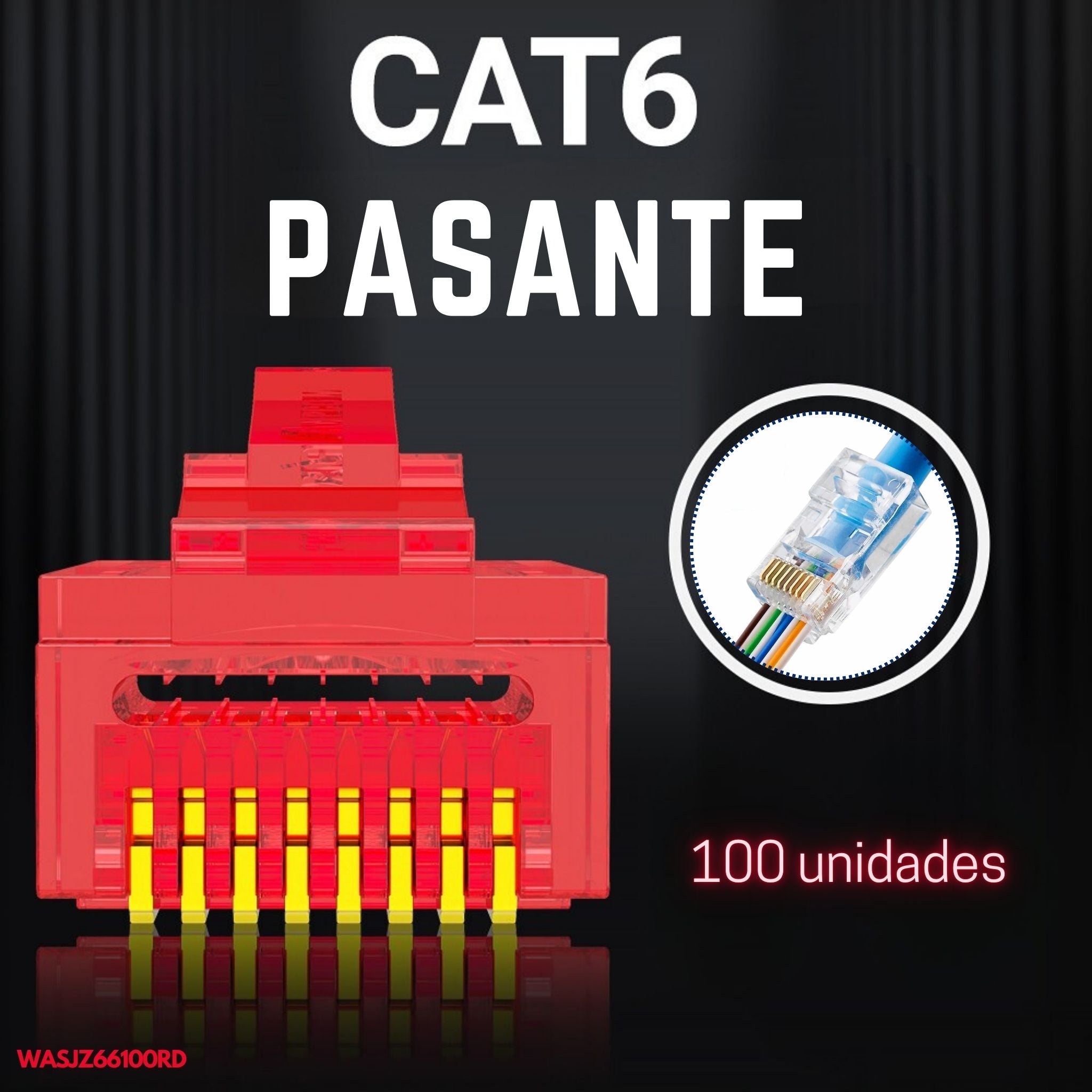 Conectores RJ45 Cat6 pasantes color rojo, bolsa de 100 unidades