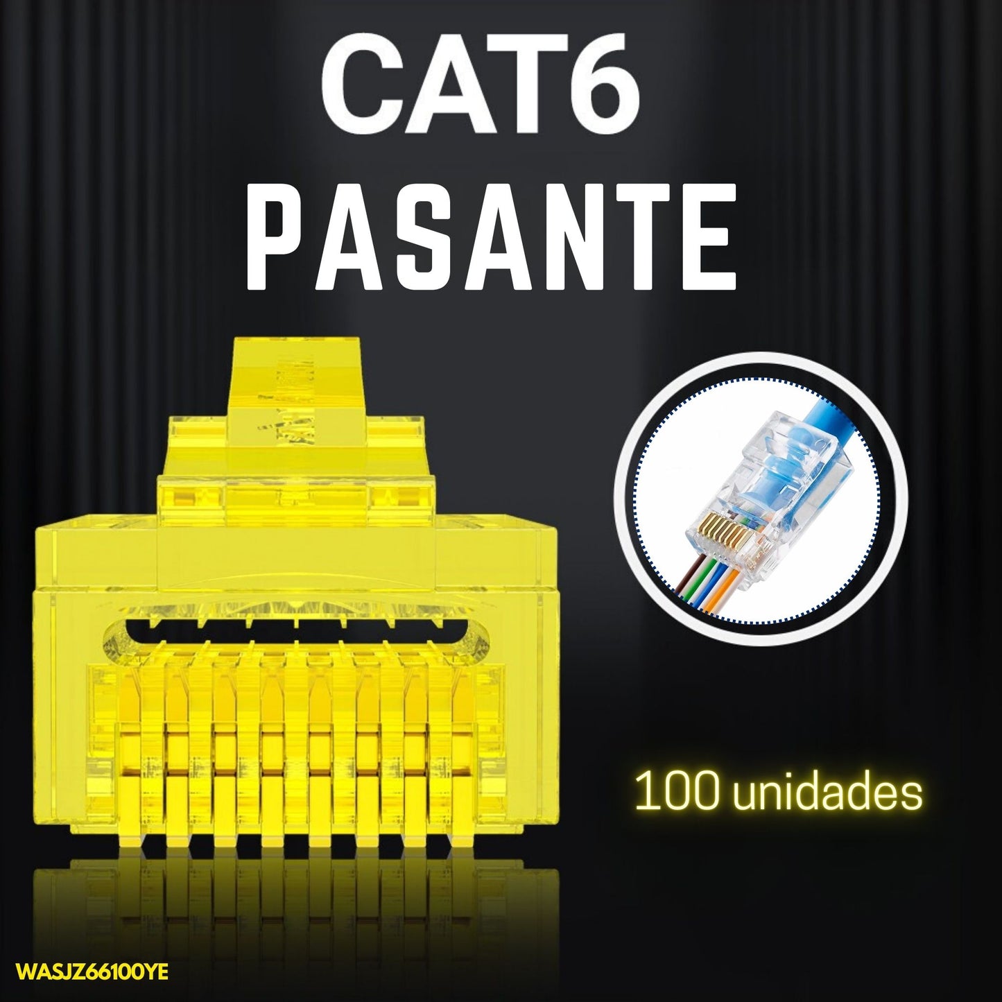 Conectores RJ45 Cat6 pasantes color amarillo, bolsa de 100 unidades