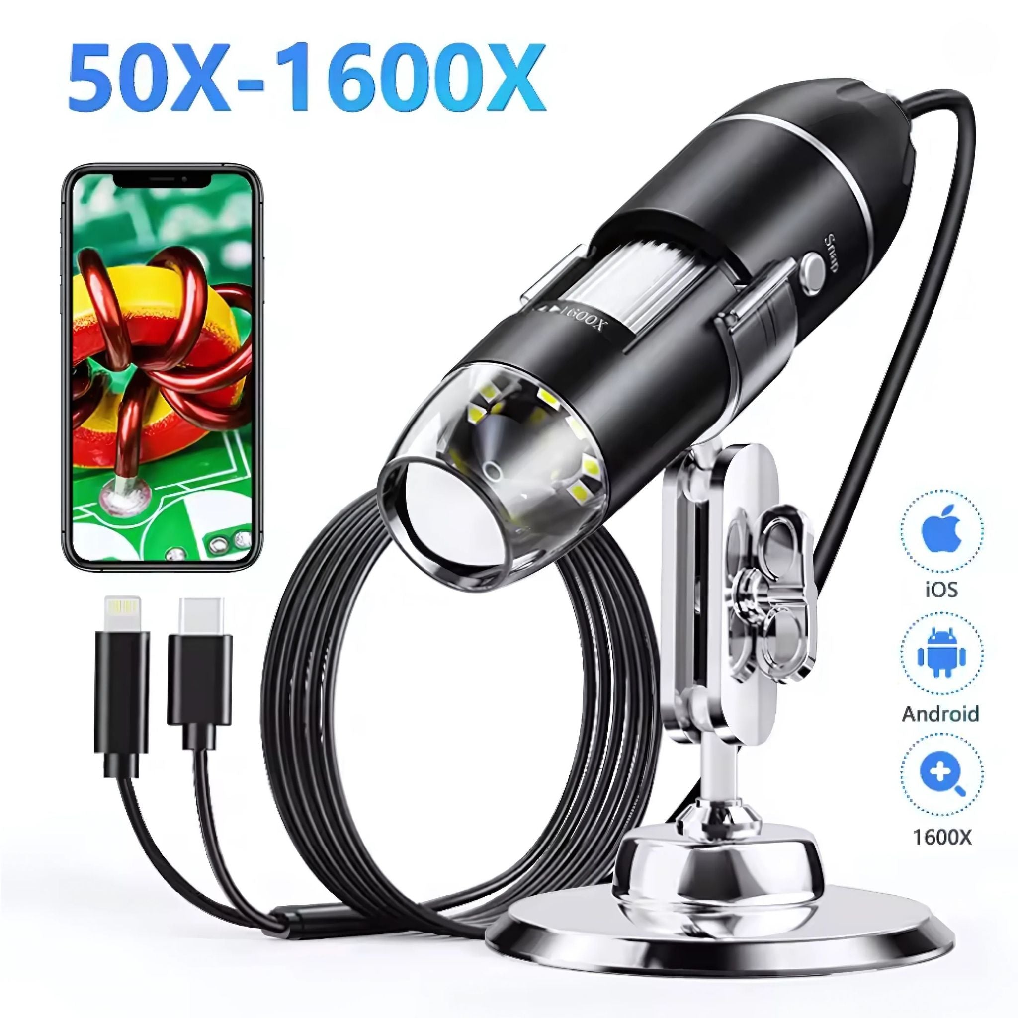 Microscopio digital con aumento de 50 – 1600X para uso son teléfonos inteligentes
