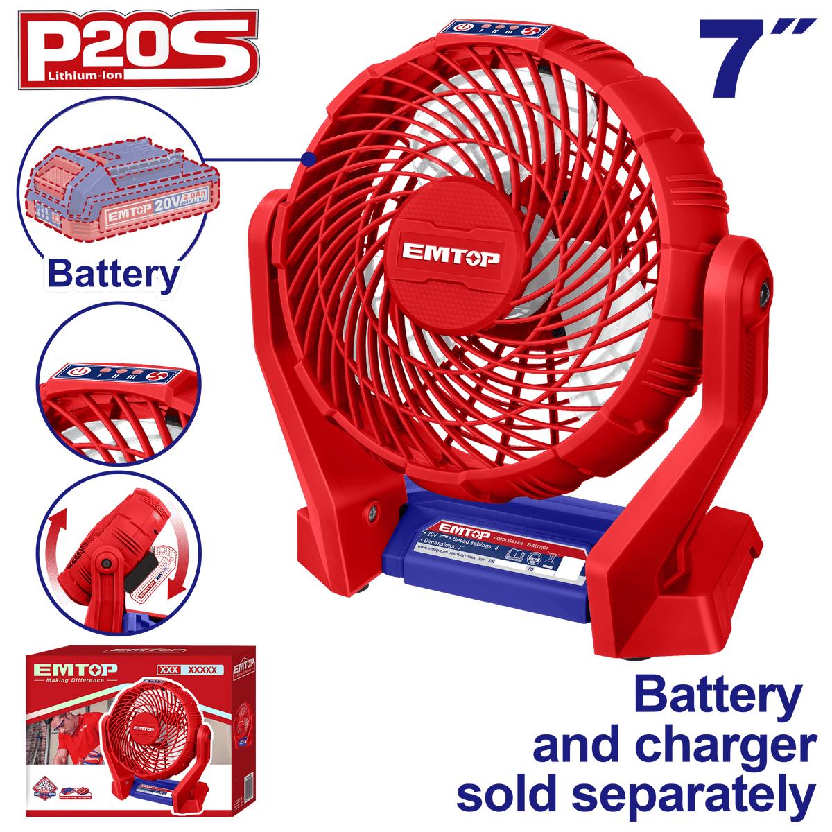 Abanico a baterías de 7 pulgadas 20V Emtop EFALI2007 - LA CASA DEL TELEFONO