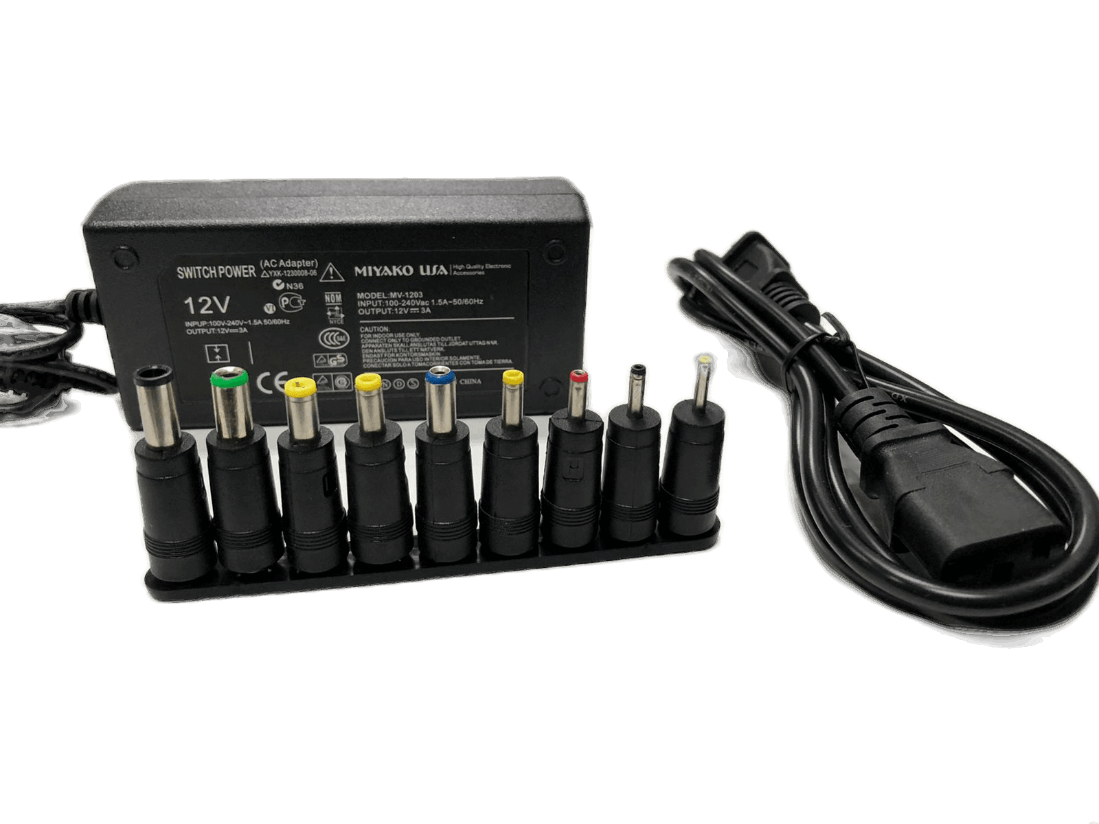 Adaptador de corriente variable de 12Vdc 3A, puntas intercambiables – Miyako MV-1203 - LA CASA DEL TELEFONO