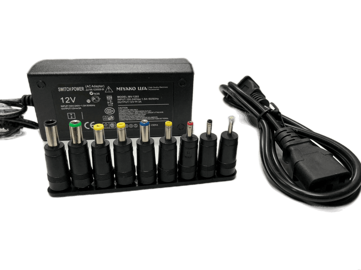 Adaptador de corriente variable de 12Vdc 3A, puntas intercambiables – Miyako MV-1203 - LA CASA DEL TELEFONO
