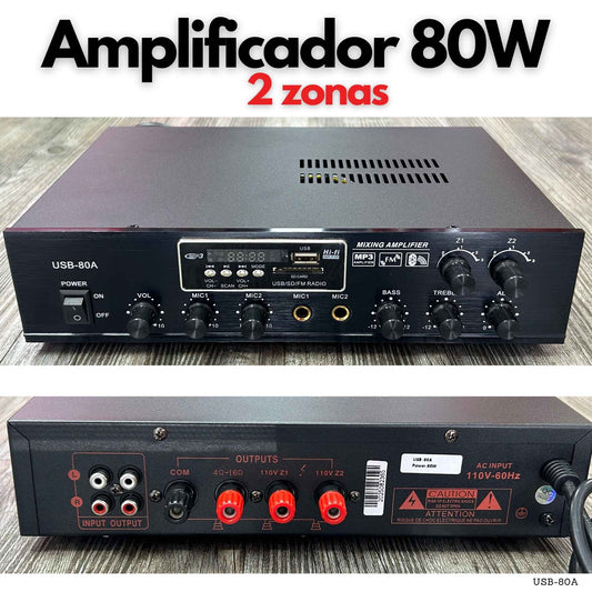 Amplificador 80W 2 zonas para música ambiental y voceo - LA CASA DEL TELEFONO