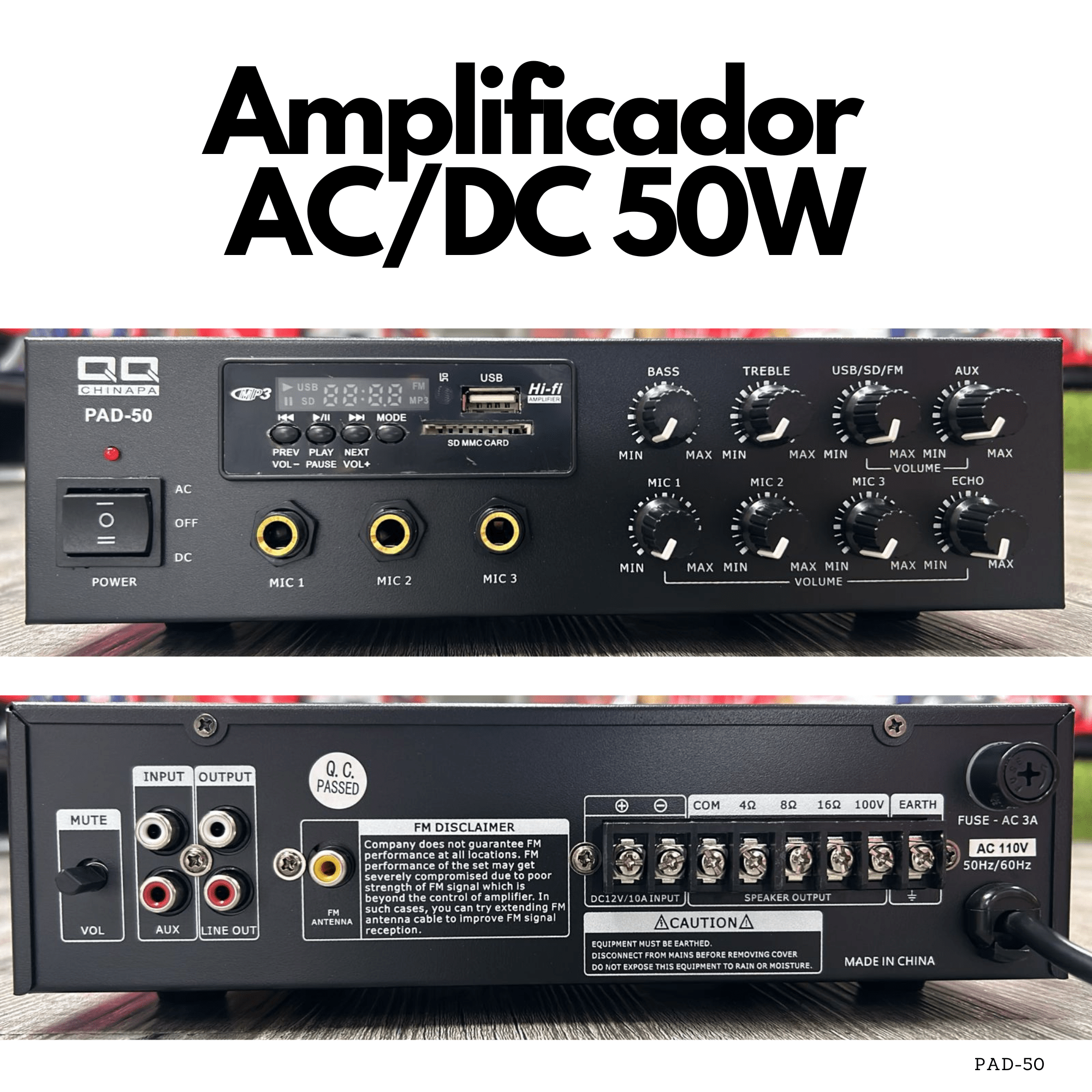 Amplificador de sonido PA 50W 100V con Bluetooth, USB, SD y FM – 110V / 12V - LA CASA DEL TELEFONO
