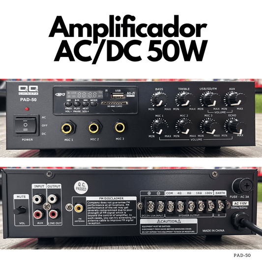 Amplificador de sonido PA 50W 100V con Bluetooth, USB, SD y FM – 110V / 12V - LA CASA DEL TELEFONO