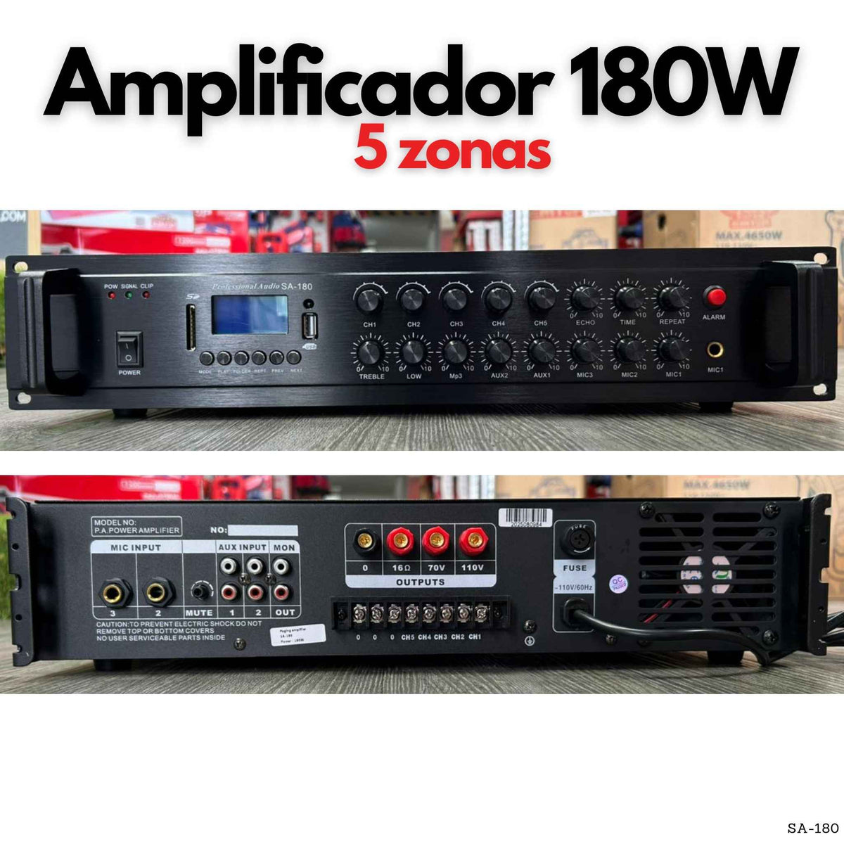 Amplificador PA 180W 5 zonas para música ambiental y voce SA-180 - LA CASA DEL TELEFONO