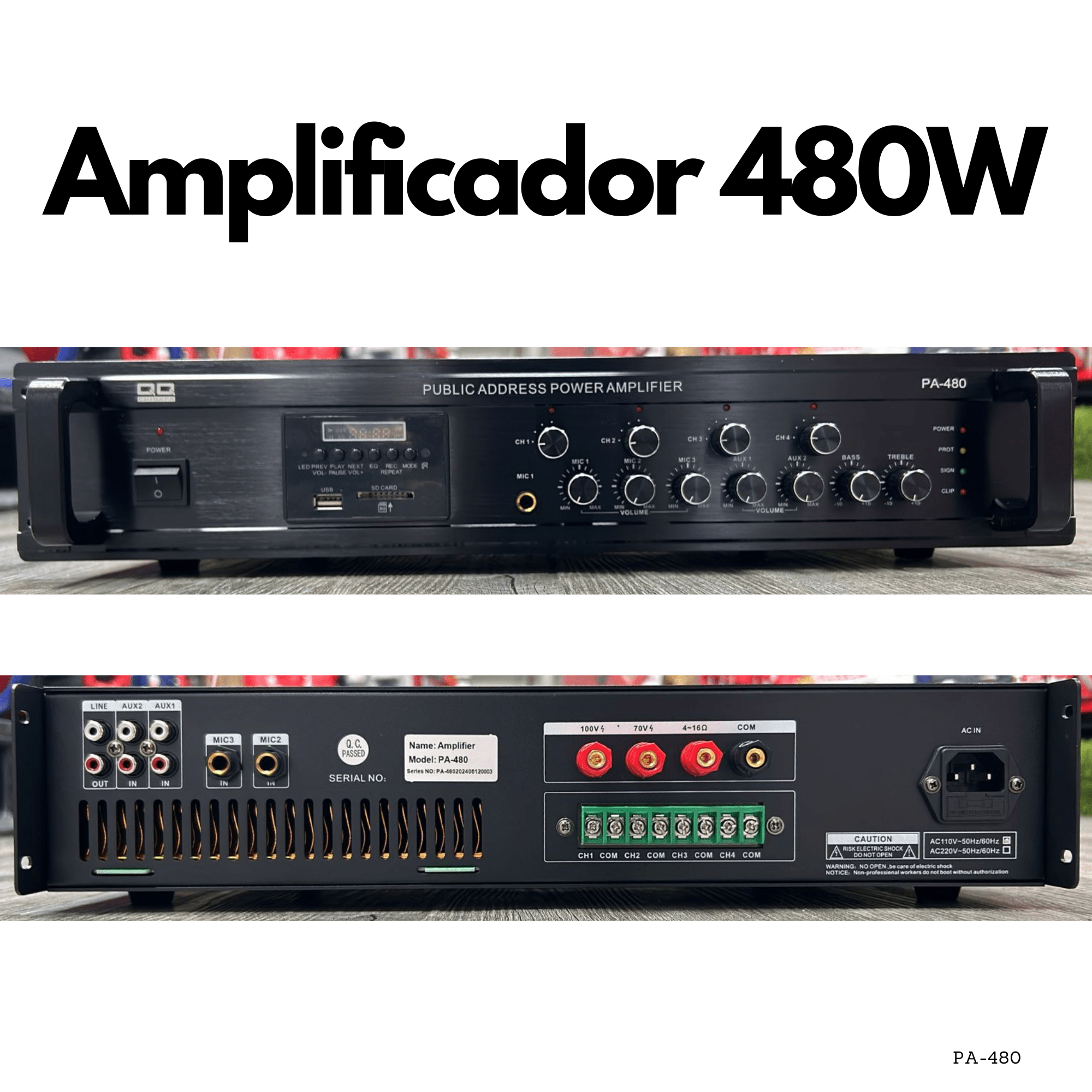 Amplificador PA de 480W, 4 zonas, USB SD FM Bluetooth - LA CASA DEL TELEFONO