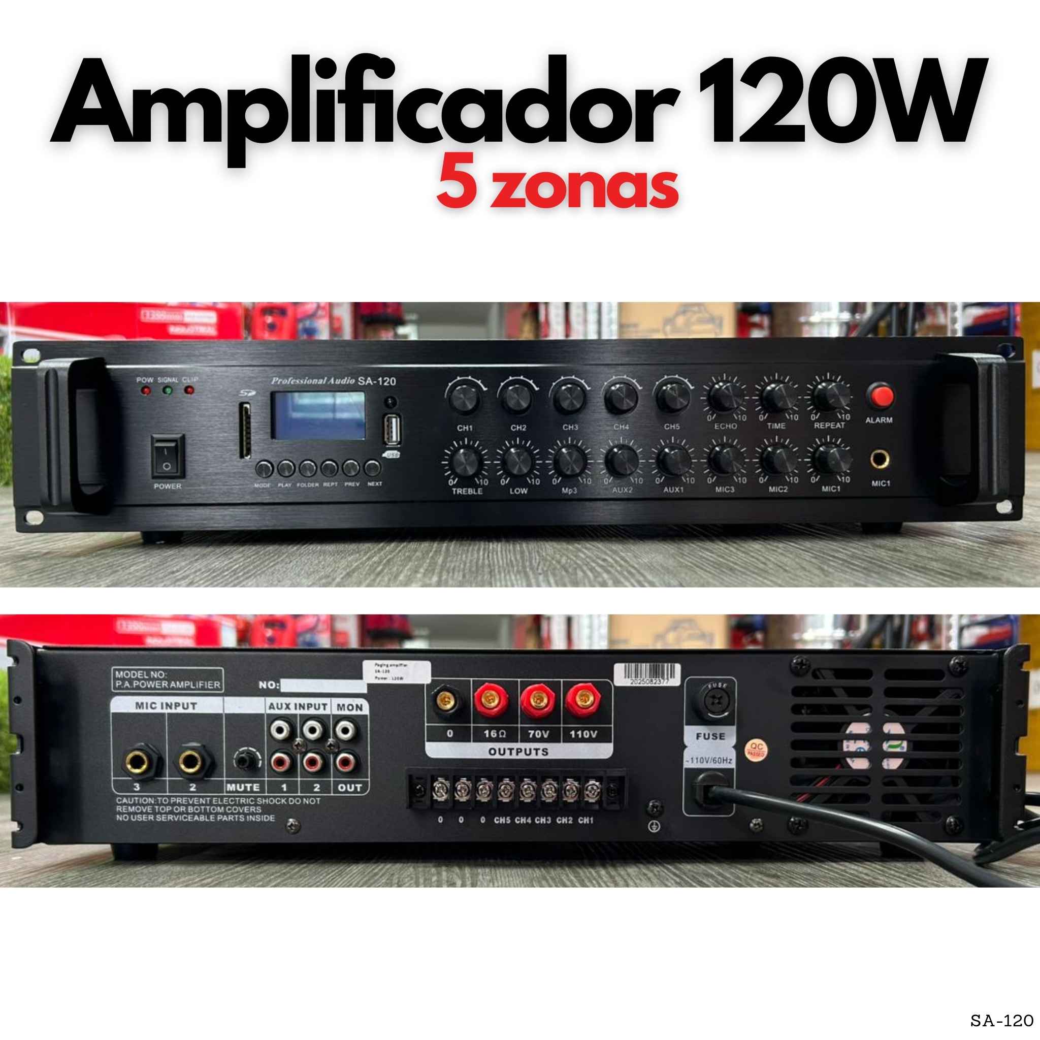 Amplificador PA 120W de 5 zonas con USB SD y salida 70V 100V para música de fondo y voceo en Panamá