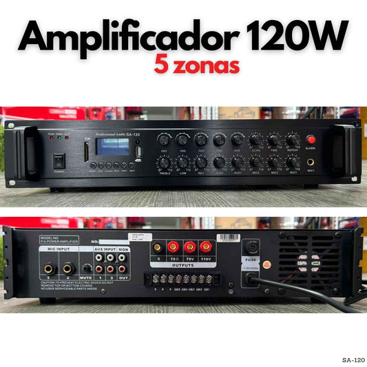 Amplificador PA 120W de 5 zonas con USB SD y salida 70V 100V para música de fondo y voceo en Panamá