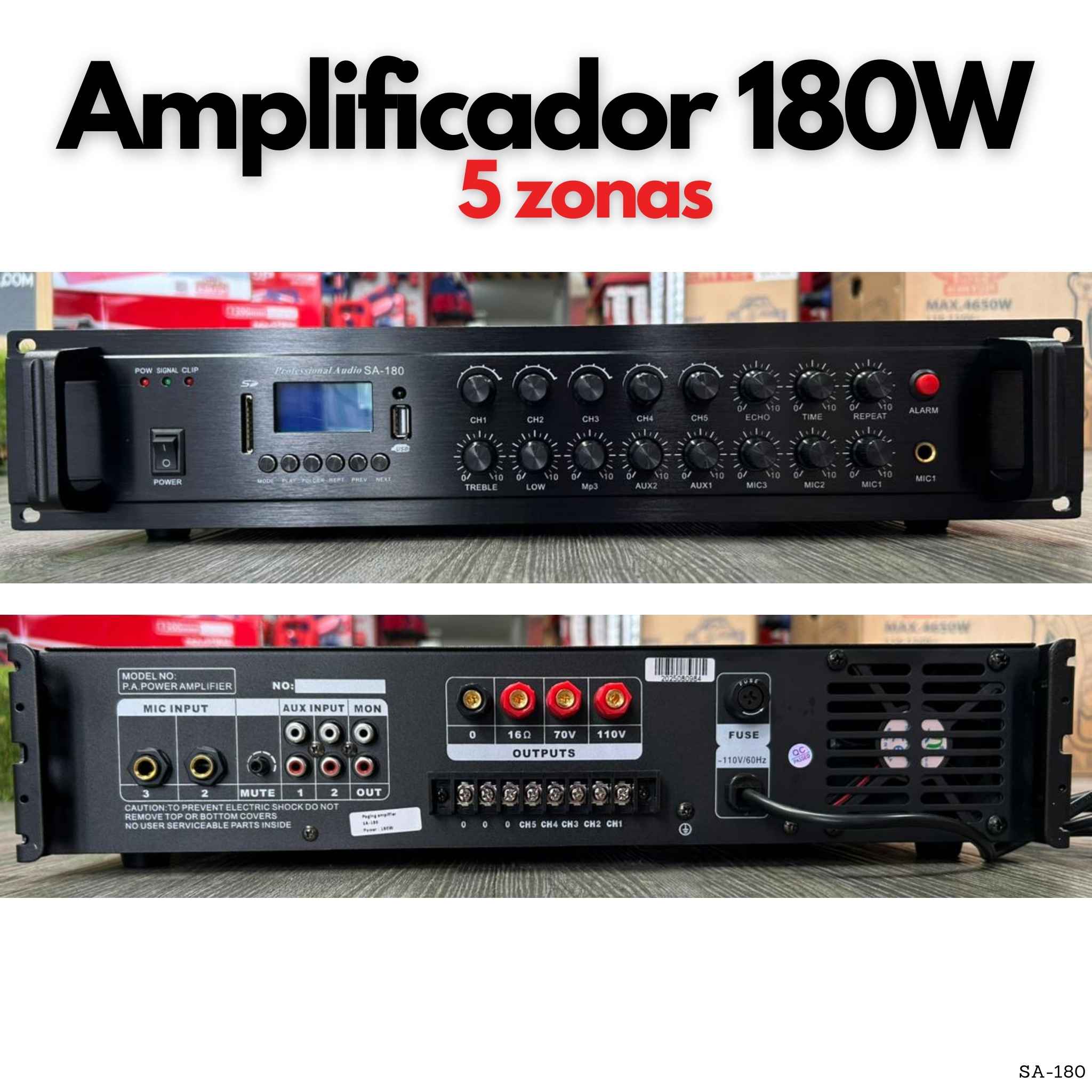 Amplificador PA 180W de 5 zonas con USB SD y salida 70V 100V para música de fondo y voceo en Panamá