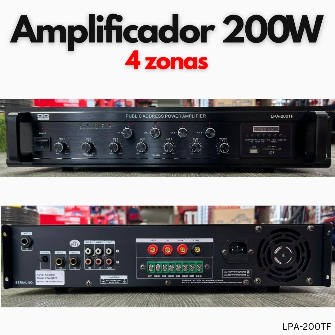 amplificador para voceo y musica de 200w